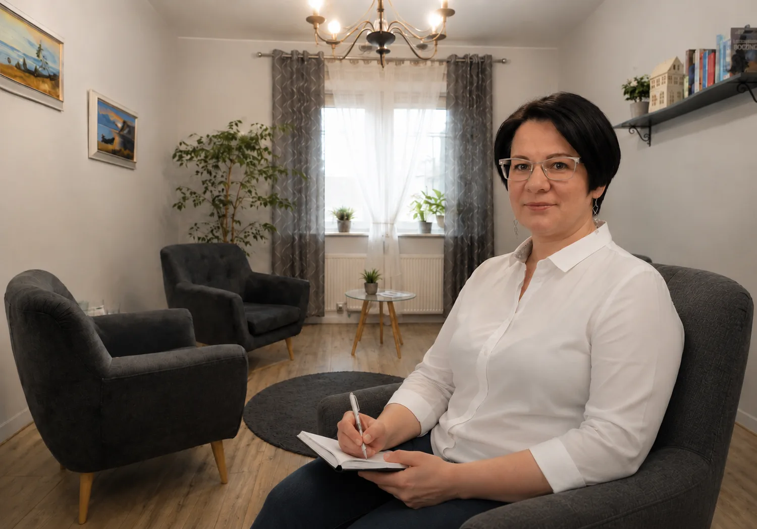 Ewa Borowiec w gabinecie Synergia — ciepłe wnętrze z fotelami i naturalnym światłem